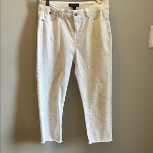 Renuar White Hearts Jeans Cropped Raw Hem Size 2